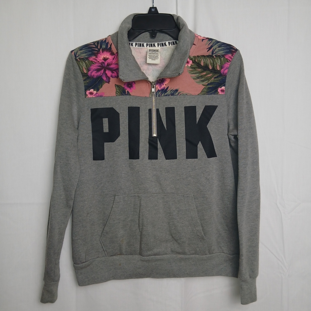 PINK Victoria's Secret Gray Hibiscus Print Boyfriend 1/2 Zip Sweatshirt - Medium